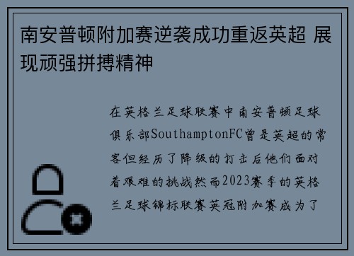 南安普顿附加赛逆袭成功重返英超 展现顽强拼搏精神